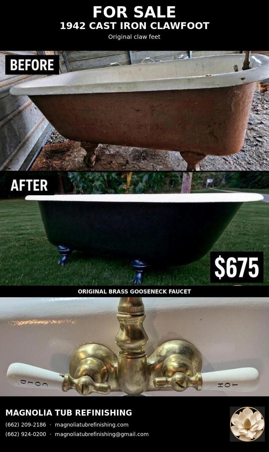 The original brass gooseneck faucet on Sarah, with porcelain cross handles marked hot and cold
