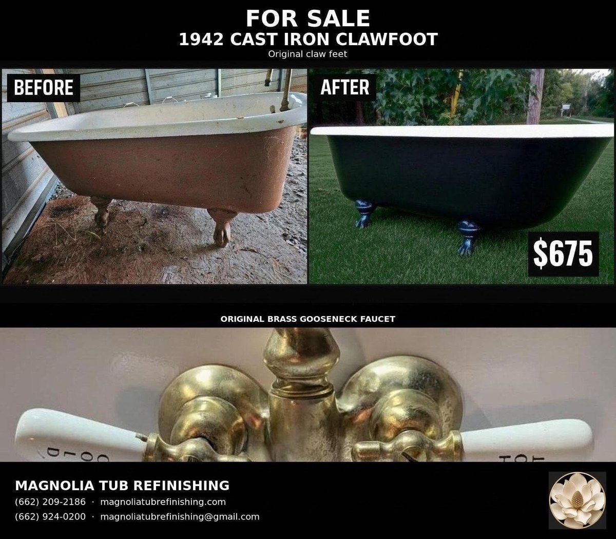 1942 cast iron clawfoot tub before and after refinishing — restored in black with original claw feet and brass gooseneck faucet, for sale