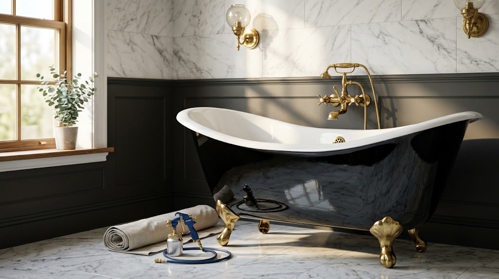 Refinished antique clawfoot tub with a glass-hard glossy white enamel finish