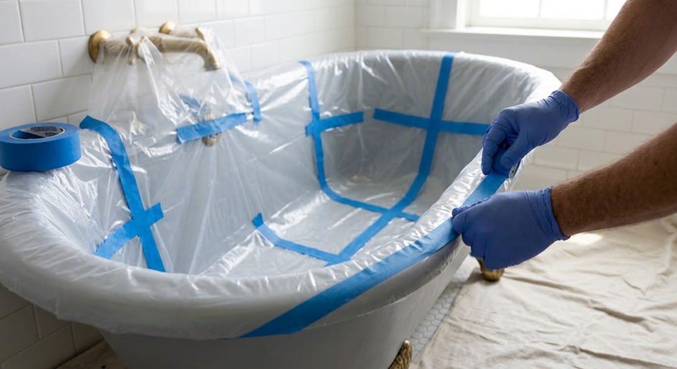 Tub fully masked and taped off ahead of spraying