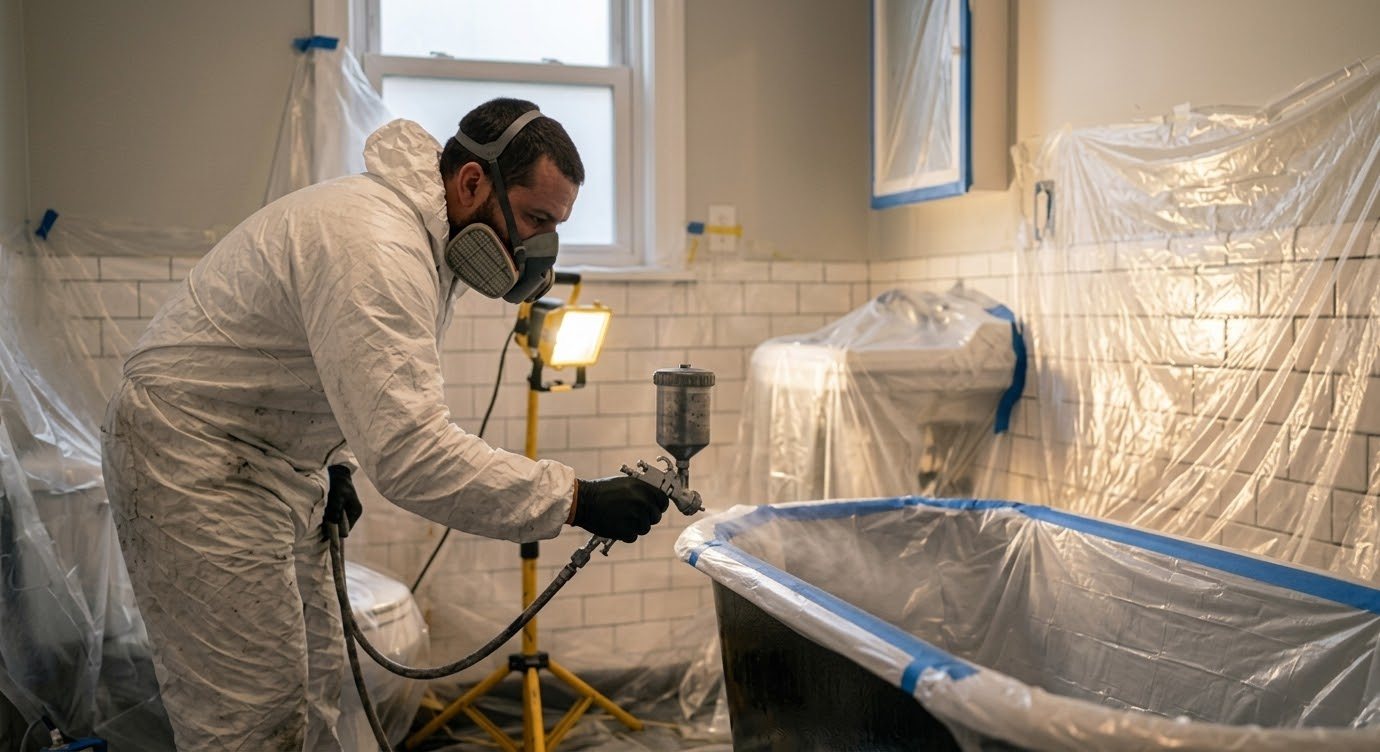 Technician applying HVLP enamel coating to a masked clawfoot tub