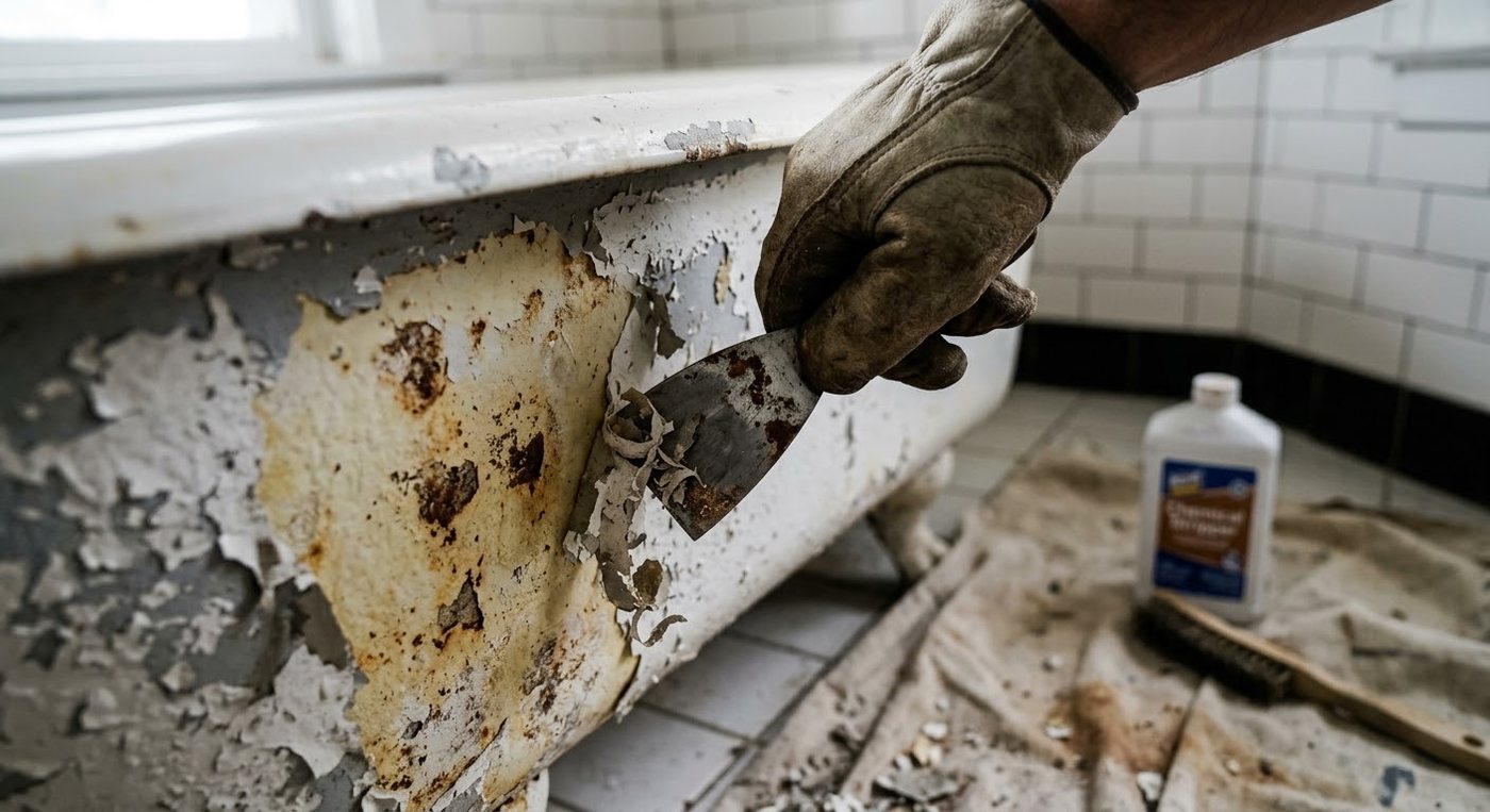 Old failed coating and rust stripped from a clawfoot tub before refinishing